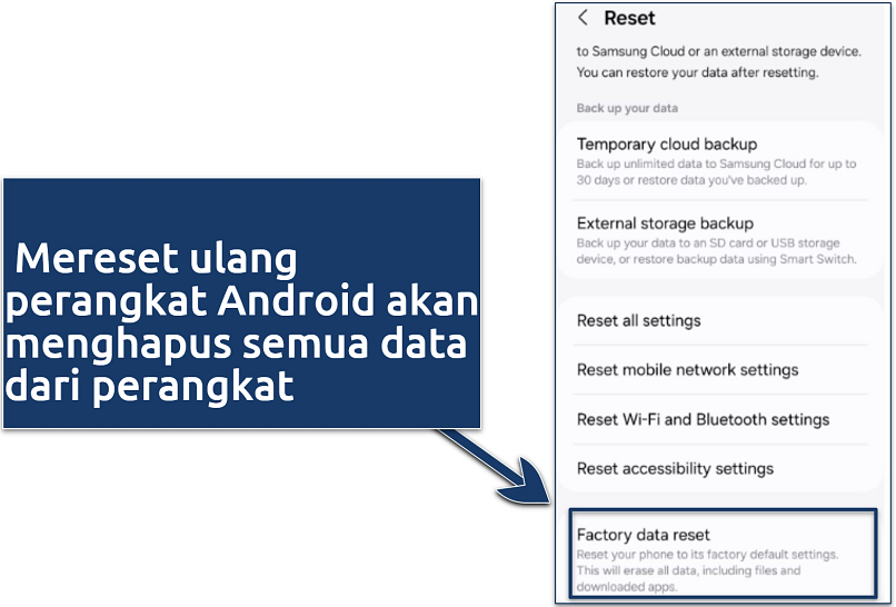 Screenshot jendela reset ponsel Android