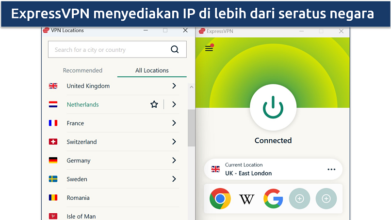 Screenshot ExpressVPN terhubung ke server di London