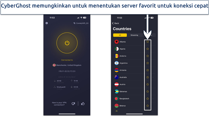 Tangkapan layar aplikasi iOS CyberGhost menunjukkan halaman utama dan daftar server