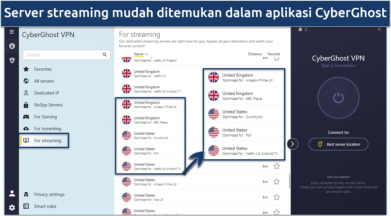 Screenshot aplikasi Windows CyberGhost menunjukkan server khusus streaming