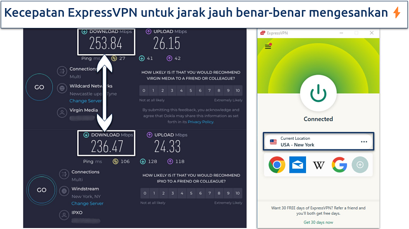 Screenshot hasil tes kecepatan ExpressVPN di server jarak jauh di New York, AS