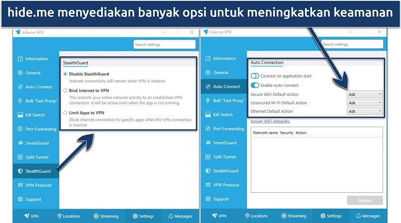 Tangkapan layar aplikasi Windows hide.me yang menunjukkan opsi keamanan tingkat lanjut dan kustom