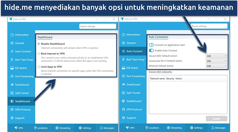 Tangkapan layar aplikasi Windows hide.me yang menunjukkan opsi keamanan tingkat lanjut dan kustom