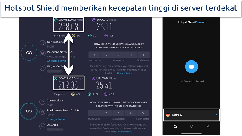 Tangkapan layar hasil tes kecepatan Hotspot Shield di server lokal