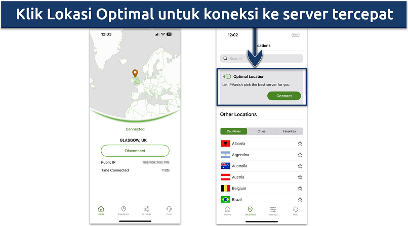 Tangkapan layar aplikasi IPVanish untuk iOS menunjukkan halaman koneksi dan daftar server