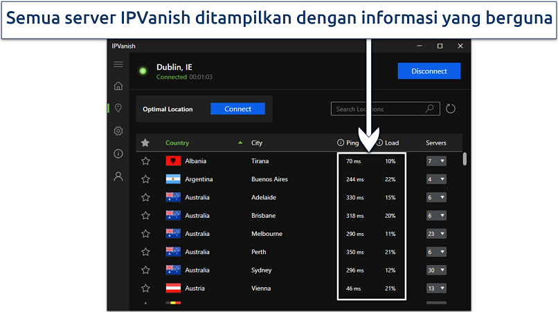 Tangkapan layar aplikasi IPVanish untuk Windows menunjukkan daftar server