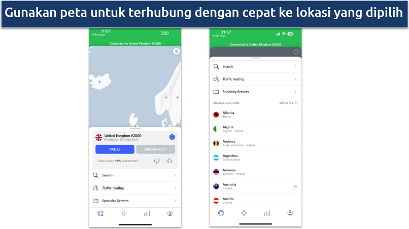 Screenshot aplikasi iOS NordVPN yang menampilkan koneksi dan daftar server