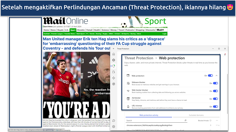 Screenshot Mail Online tanpa iklan ketika Perlindungan Ancaman NordVPN diaktifkan