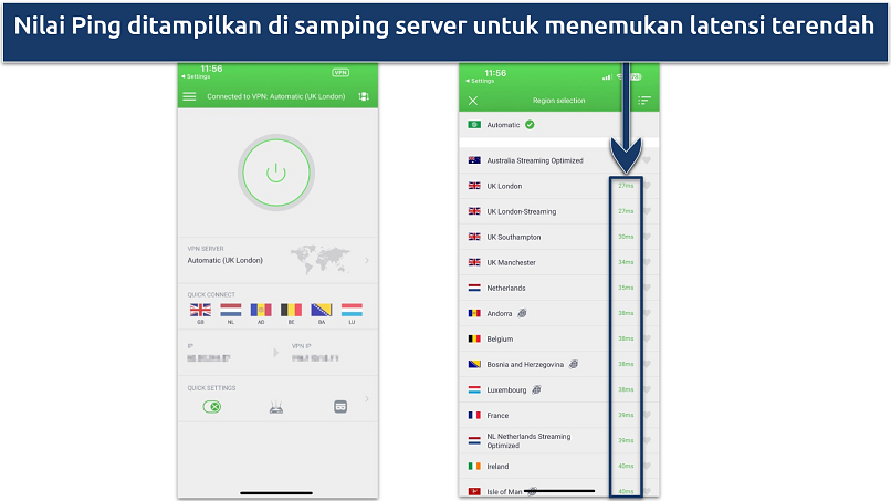 Screenshot aplikasi iOS PIA yang menunjukkan halaman utama dan daftar server