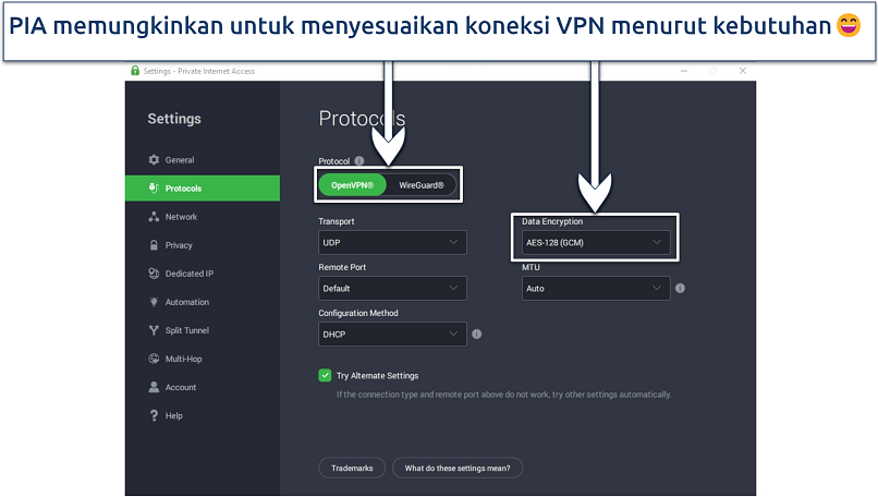 Screenshot aplikasi Windows PIA yang menunjukkan pilihan protokol dan enkripsi