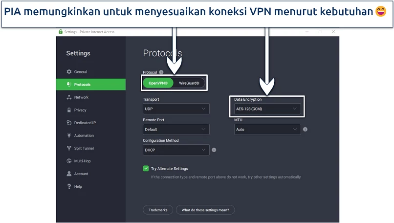 Screenshot aplikasi Windows PIA yang menunjukkan pilihan protokol dan enkripsi