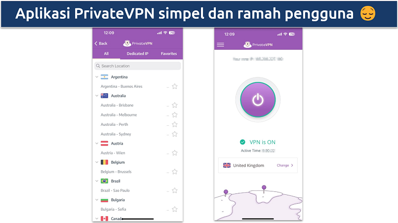 Tangkapan layar aplikasi iOS PrivateVPN yang menampilkan halaman beranda yang simpel dan daftar server