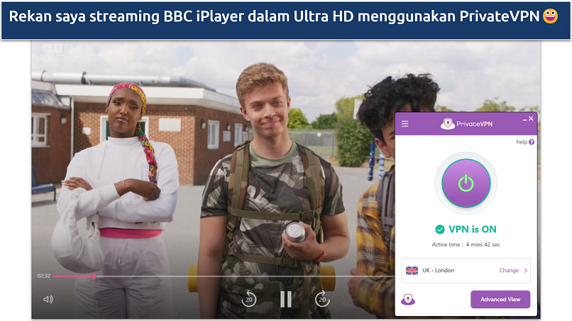 Tangkapan layar PrivateVPN streaming BBC iPlayer dengan server London UK