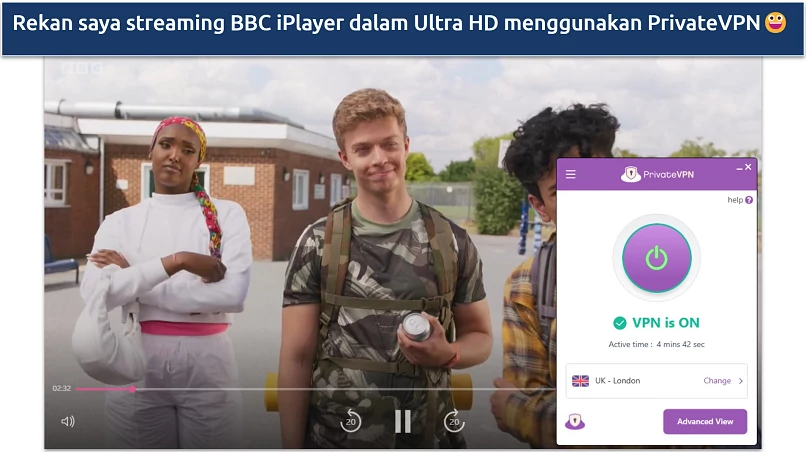 Tangkapan layar PrivateVPN streaming BBC iPlayer dengan server London UK