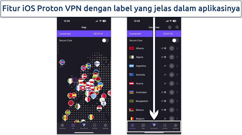 Screenshot aplikasi iOS Proton VPN menampilkan peta server dan daftar server