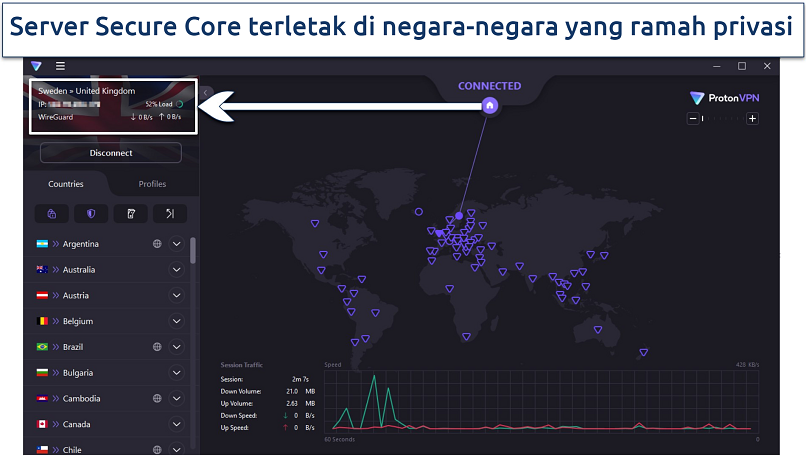 Screenshot aplikasi Windows ProtonVPN menunjukkan koneksi VPN Secure Core