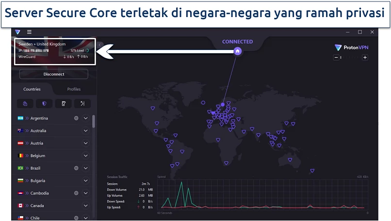 Screenshot aplikasi Windows ProtonVPN menunjukkan koneksi VPN Secure Core