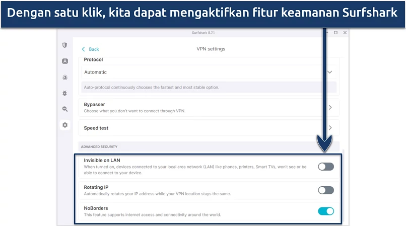 Tangkapan layar aplikasi Surfshark di Windows yang menonjolkan fitur keamanan tingkat lanjut