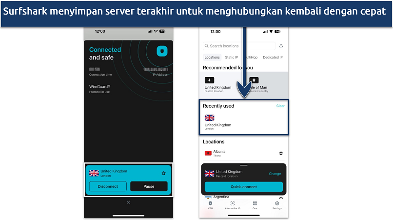 Tangkapan layar aplikasi Surfshark di iOS menunjukkan halaman koneksi dan daftar server