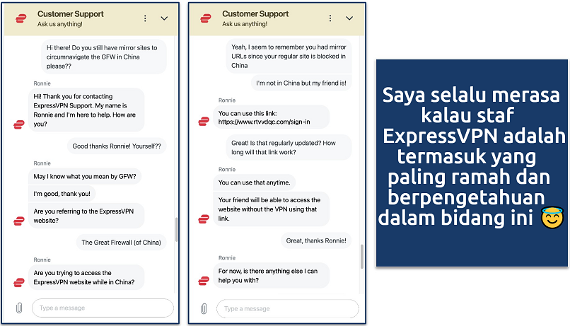 Screenshot showing a chat with the ExpressVPN customer service