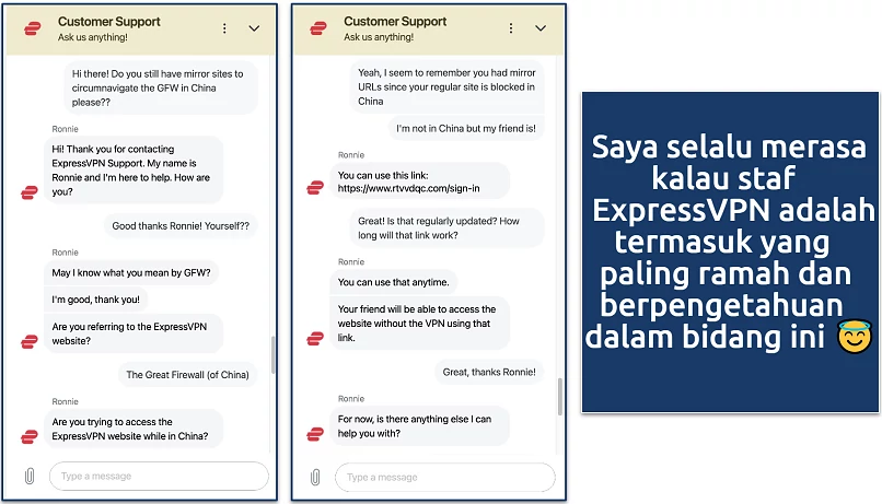 Screenshot showing a chat with the ExpressVPN customer service