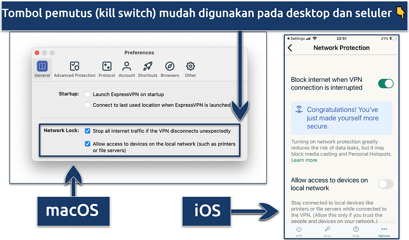 Screenshot showing how to activate the kill switch on ExpressVPN's desktop and mobile apps