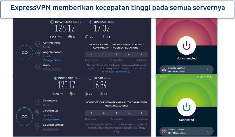 Tangkapan layar hasil uji kecepatan ExpressVPN di Android