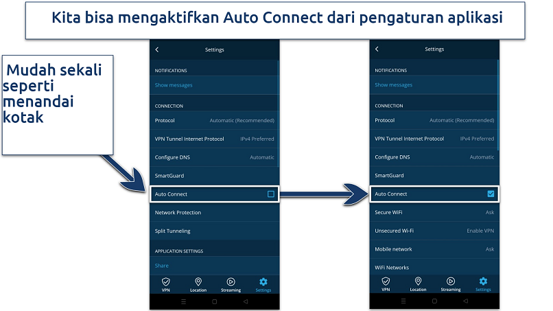 Screenshot menunjukkan cara mengaktifkan Auto Connection pada aplikasi Android hide.me