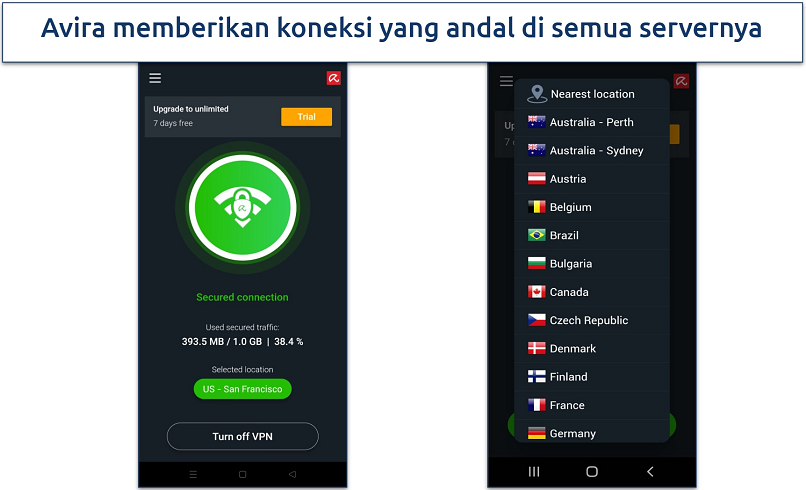 Screenshot dari daftar server Avira Phantom VPN