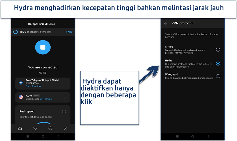 Tangkapan layar menunjukkan cara mengaktifkan protokol Hydra Hotspot Shield