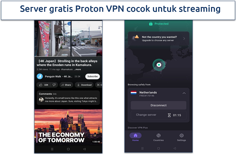 Sebuah video YouTube streaming di Android dengan Proton VPN terhubung