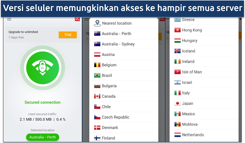 Screenshot of Avira free servers on the Android app