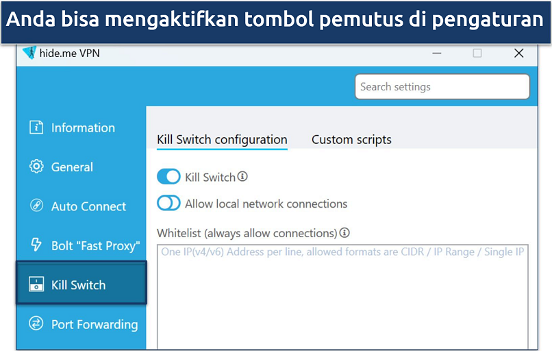 Screenshot of hide me security features on Windows app