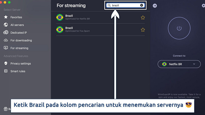 Tangkapan layar yang menunjukkan server-server Brazil di aplikasi CyberGhost