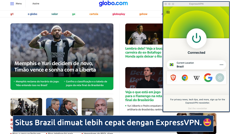 Screenshot menunjukkan aplikasi ExpressVPN terhubung ke server Brazil di atas laman globo