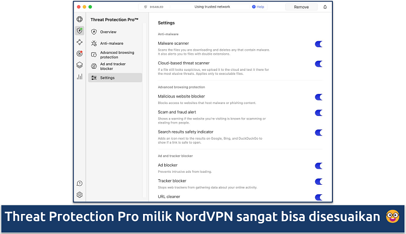 Tangkapan layar menunjukkan pengaturan untuk NordVPN's Threat Protection Pro