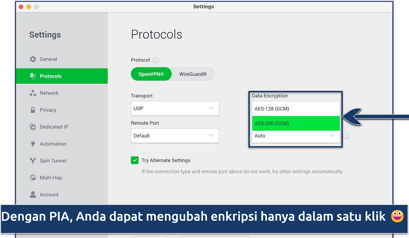 Tangkapan layar menunjukkan panel Protokol dalam Pengaturan PIA