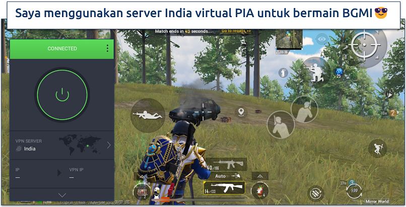 Tangkapan layar gameplay BGMI dengan PIA terhubung