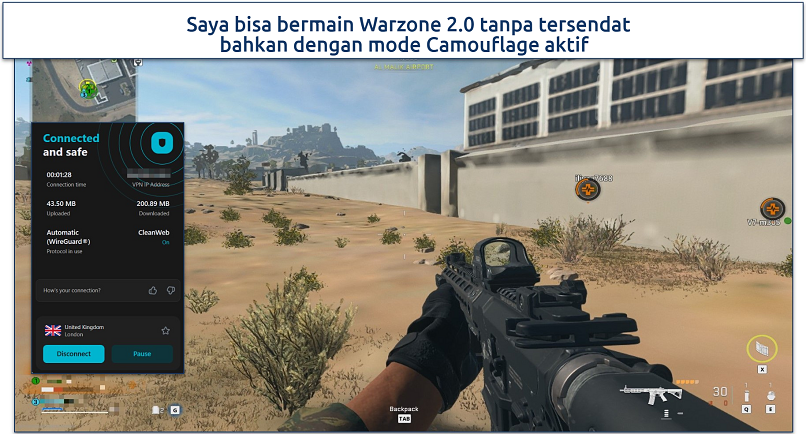Screenshot of Warzone gameplay with surfshark connected