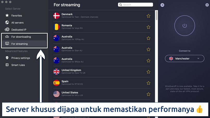 Screenshot yang menunjukkan server khusus CyberGhost
