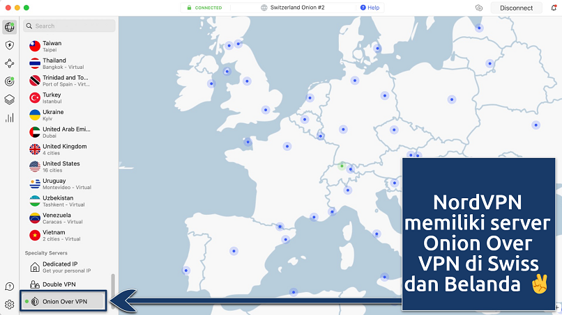 Screenshot menunjukkan server Onion Over VPN dari NordVPN