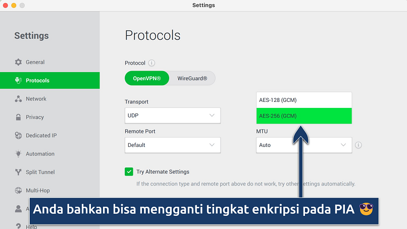 Tangkapan layar yang menunjukkan cara mengganti tingkat enkripsi pada aplikasi PIA