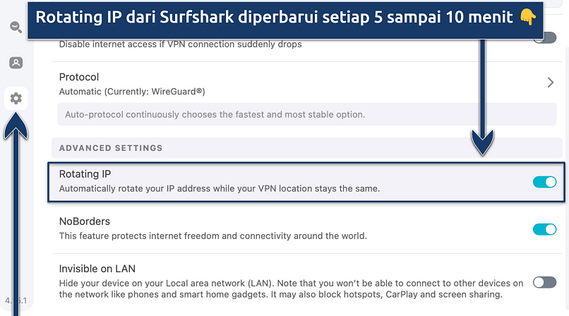 Tangkapan layar menampilkan fitur Rotating IP dari Surfshark