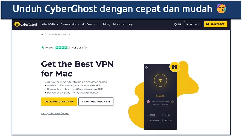Tangkapan layar halaman CyberGhost untuk aplikasi Mac