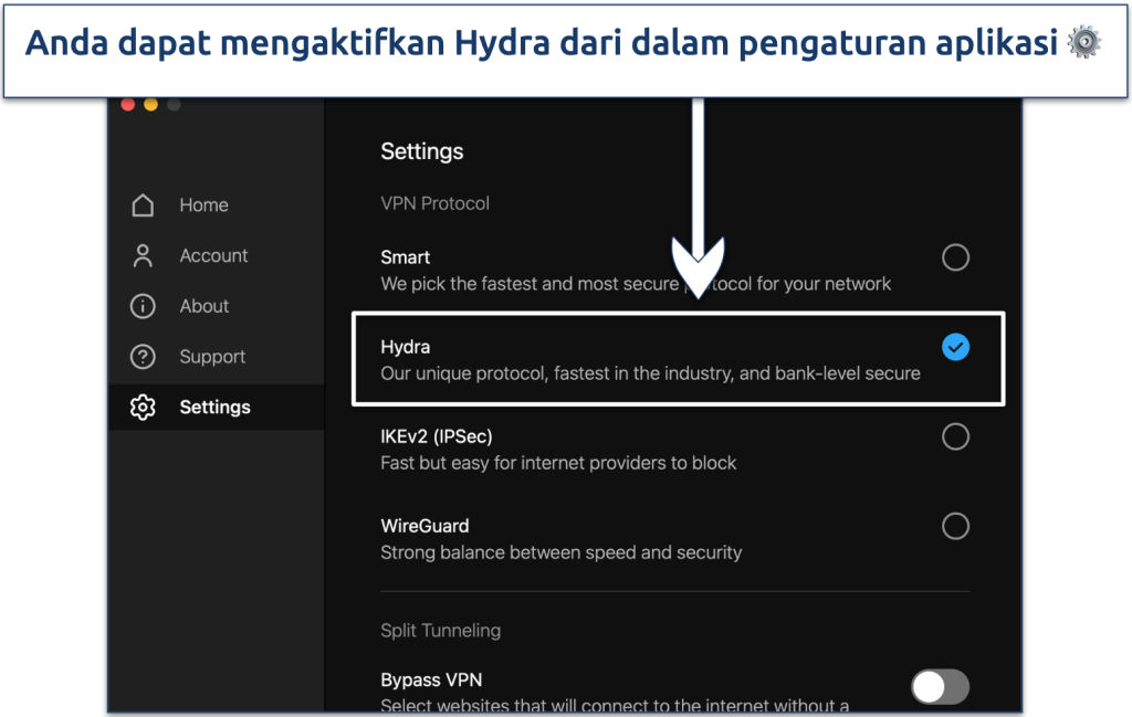Tangkapan layar menunjukkan cara mengaktifkan protokol Hydra Hotspot Shield