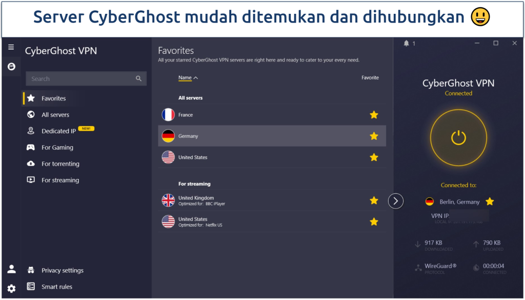 Screenshot of CyberGhost's Windows app showing a