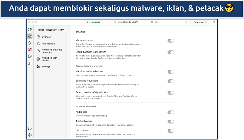 Screenshot of the Settings tab on NordVPN's Threat Protection Pro