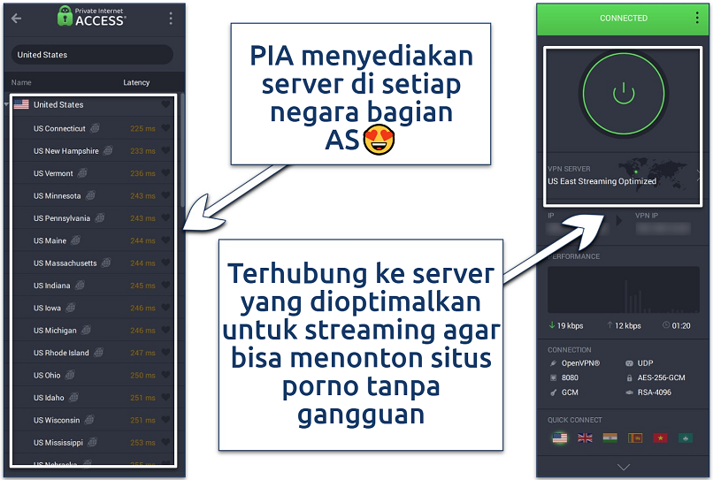 Screenshot of PIA's mobile app