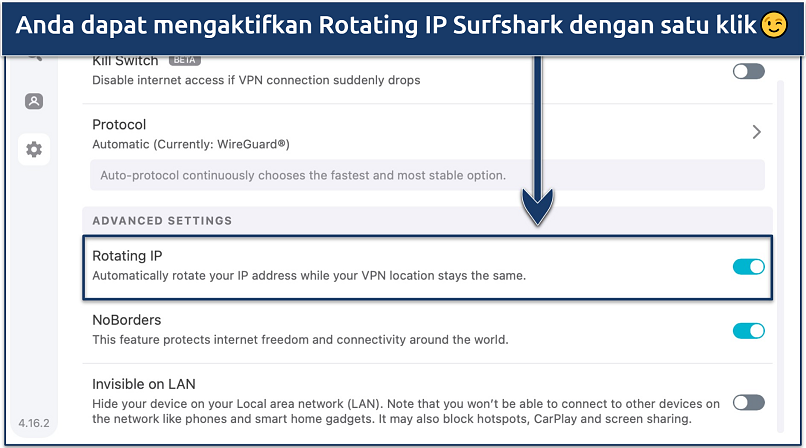 Screenshot showing how to activate Surfshark's Rotating IP feature