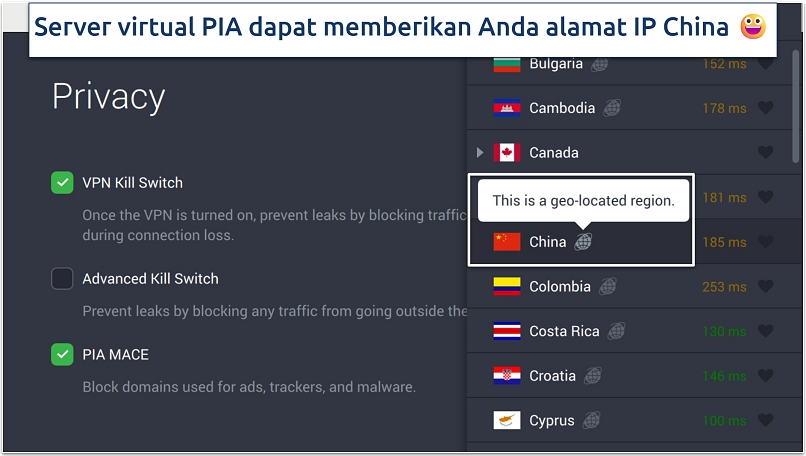 Screenshot dari pengaturan privasi dan server virtual PIA dalam aplikasinya